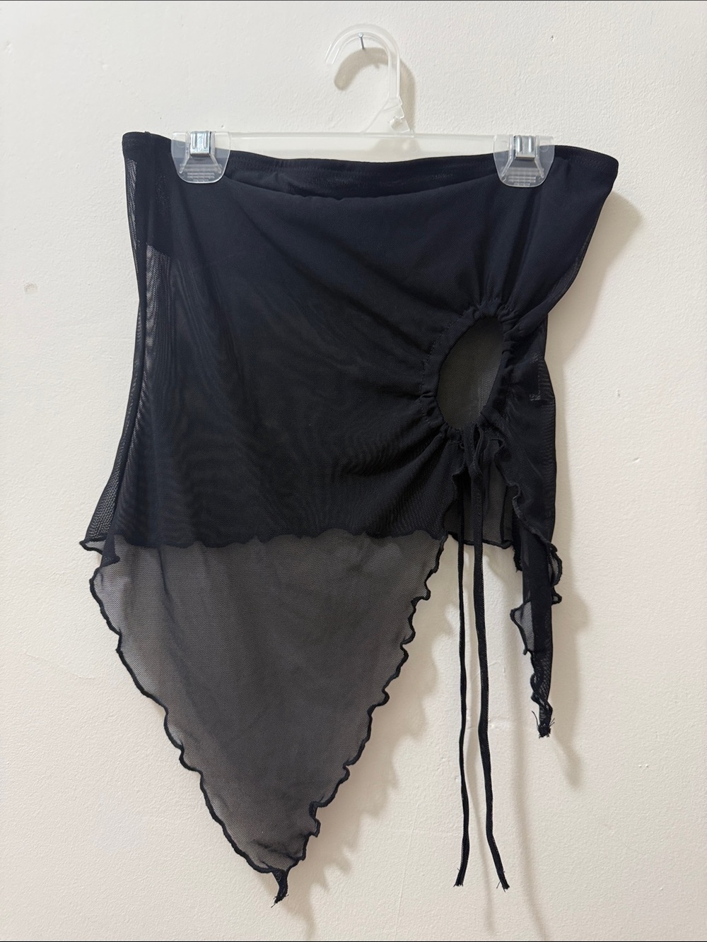 Black Sheer Asymmetric Ruched Mesh Top